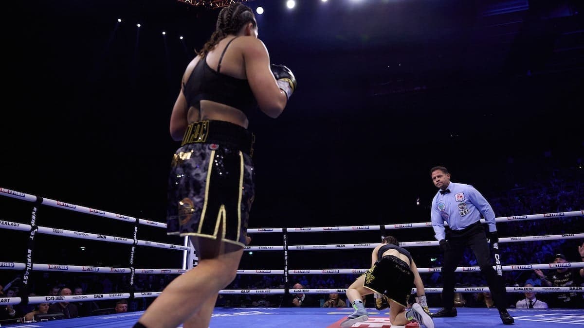 Chantelle Cameron knocks Katie Taylor down