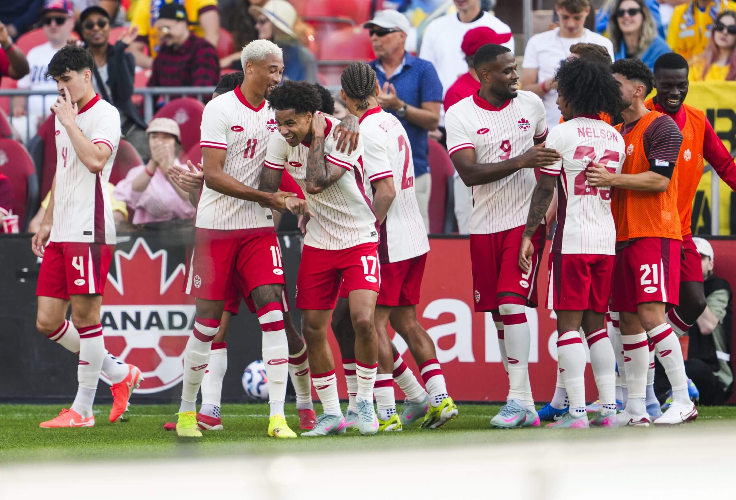 Canada celebrates a goal vs Ukraine