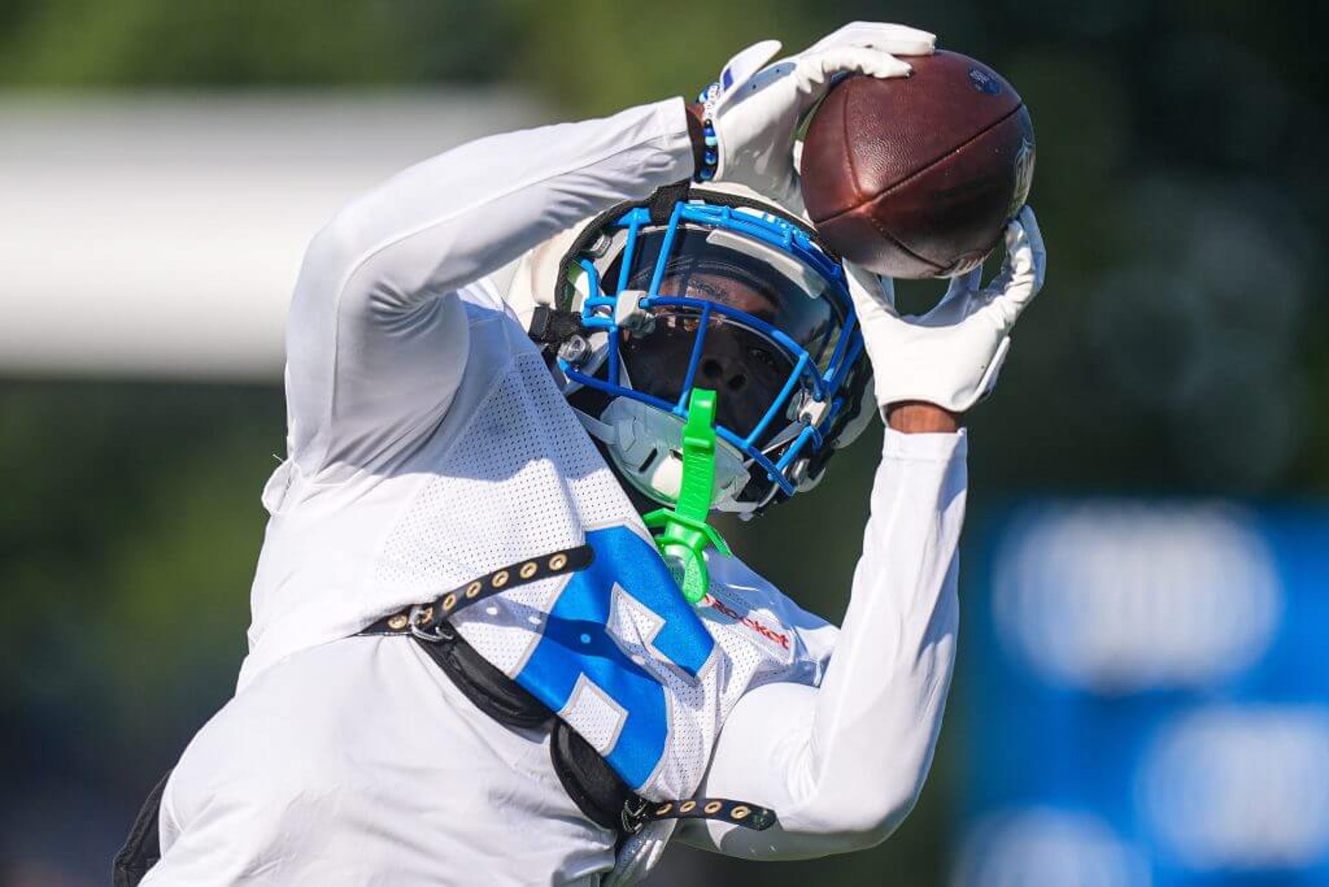 Detroit Lions cornerback Terrion Arnold catches a pass during a team practice at Meijer Performance Center in Allen Park, Mich., this summer.