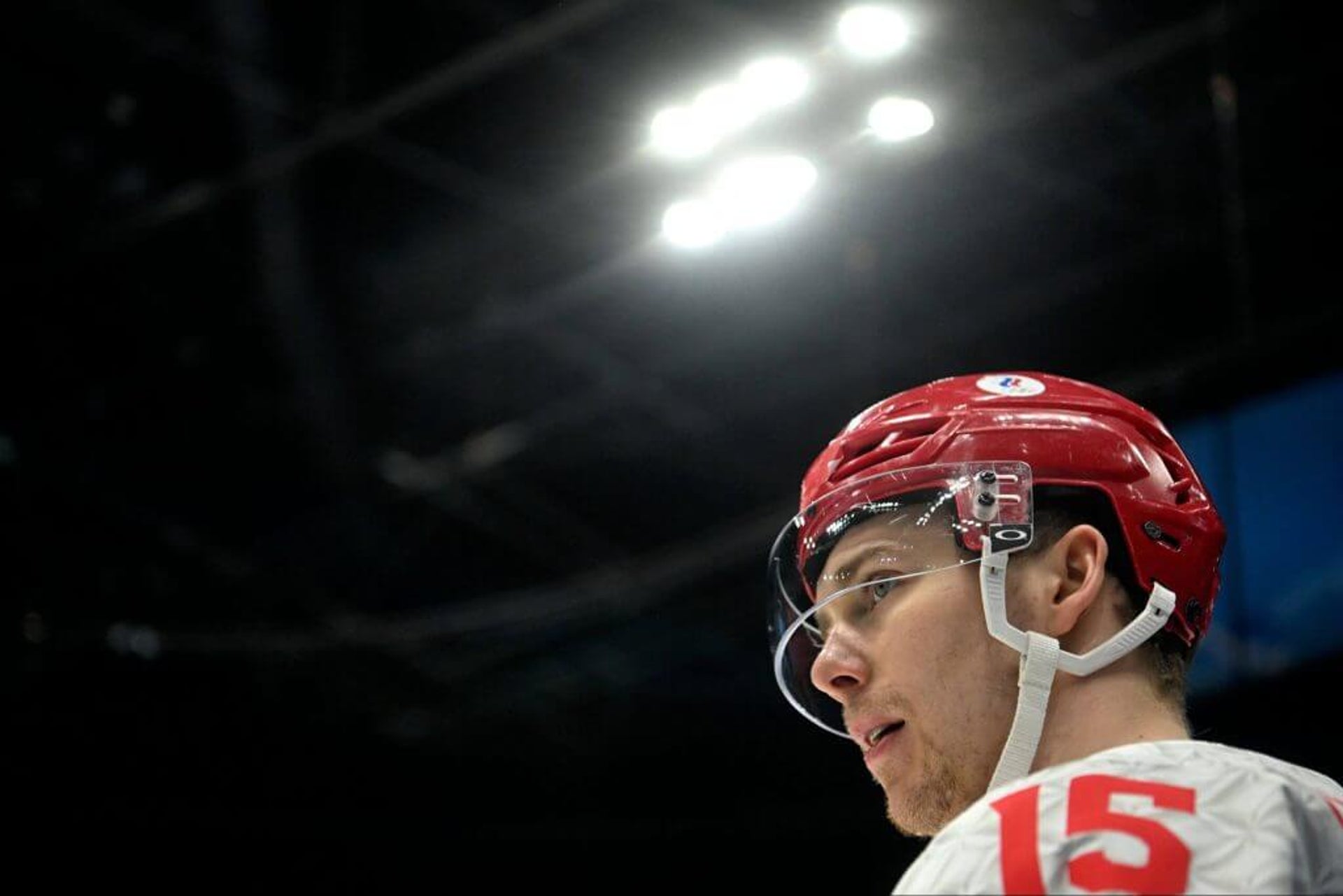 Pavel Karnaukhov looks on during the men's gold medal match between Finland and Russia's Olympic Committee during the Beijing Winter Games on Feb. 20, 2022.