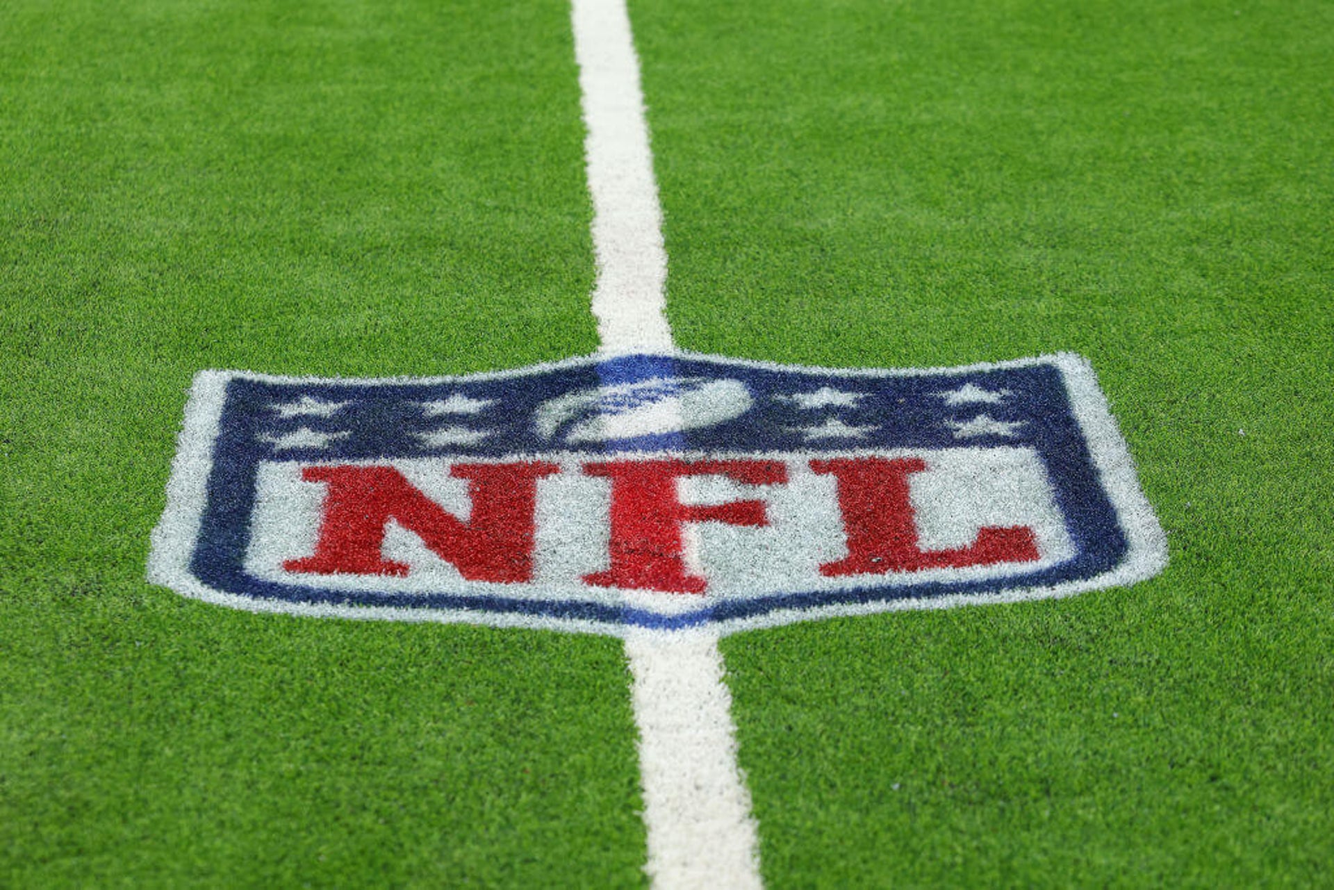 A close-up of an NFL logo on the field prior to a game at NRG Stadium on Nov. 24, 2024.