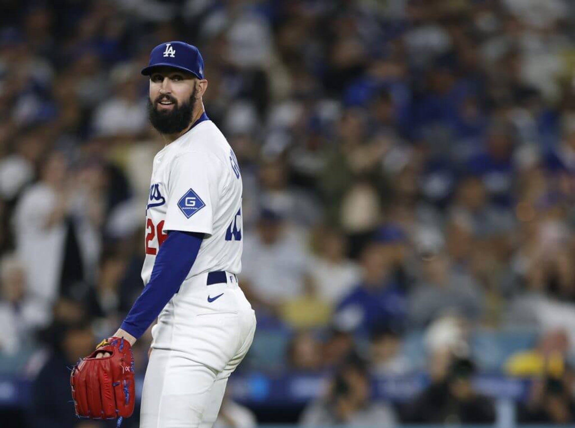 Tony Gonsolin looks to his left at Dodger Stadium
