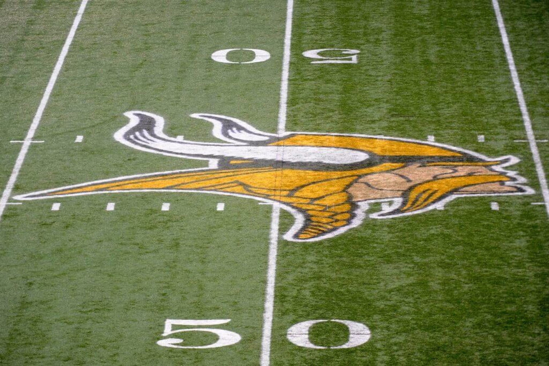 A general view of the Minnesota Vikings' logo on the 50- yard line.