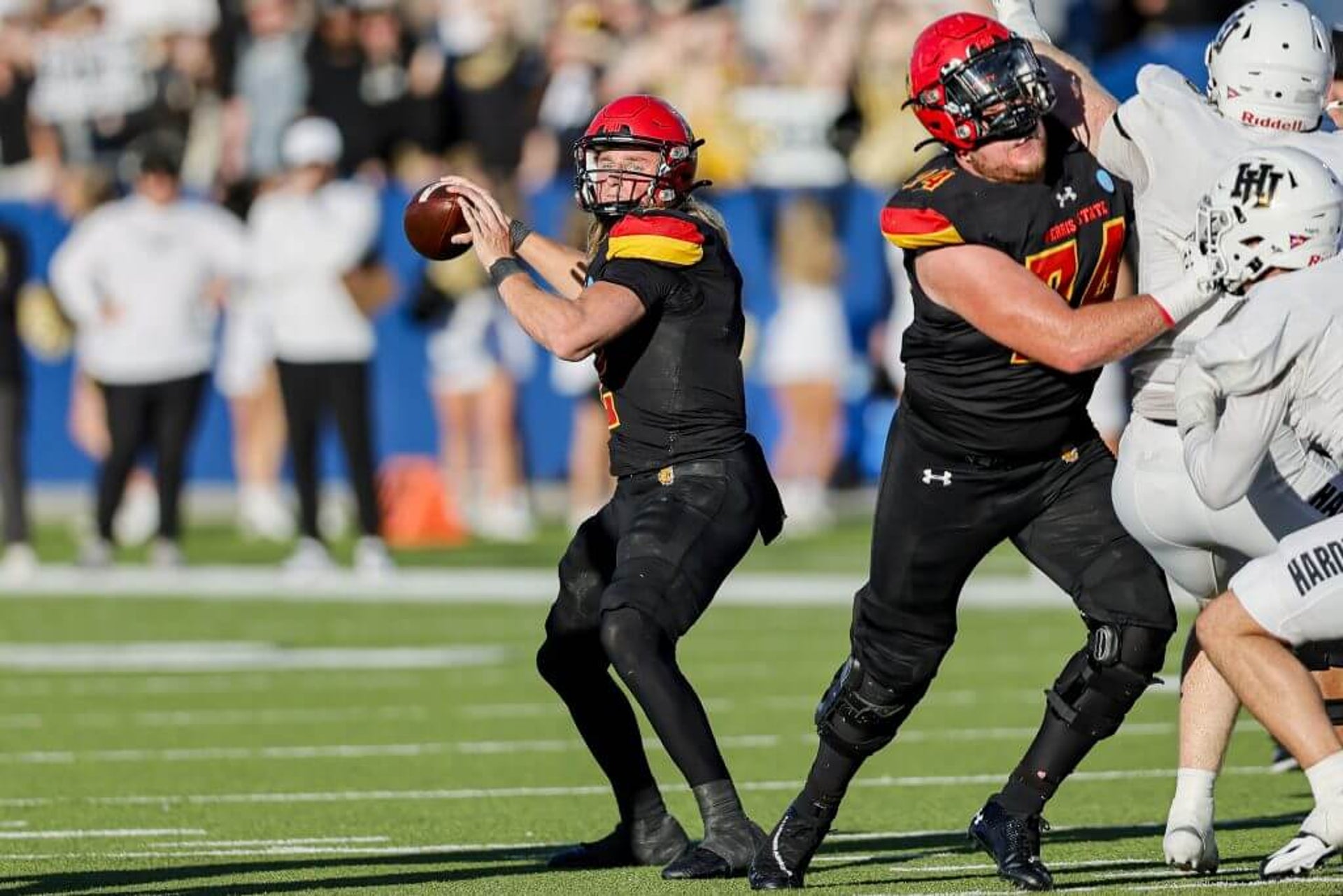 Ferris State quarterback Wyatt Bower looks to pass during the Division II national championship game.