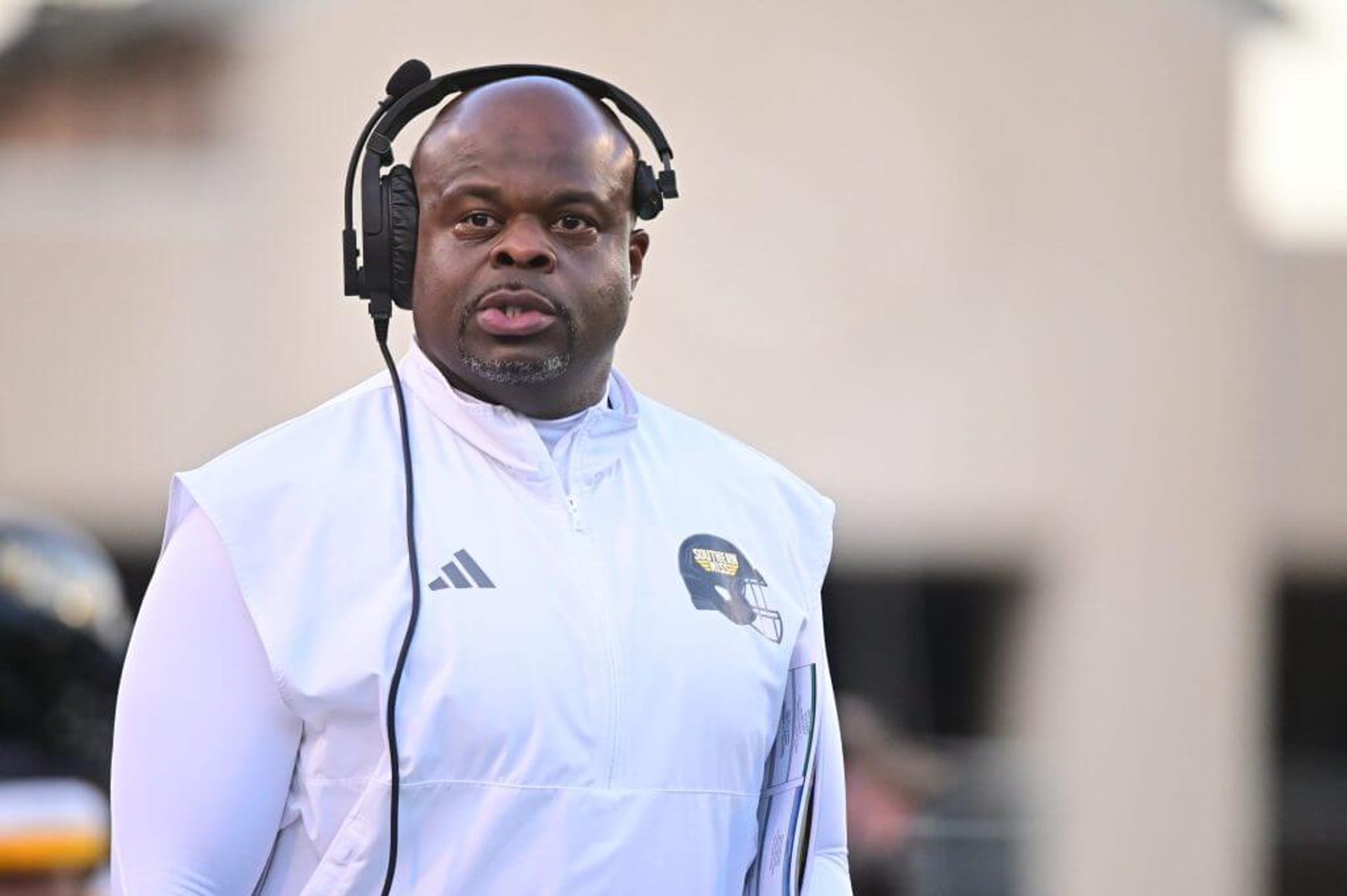 Southern Miss Golden Eagles head coach Charles Huff walks down the sidelines against the Texas State Bobcats on Nov. 15, 2025.