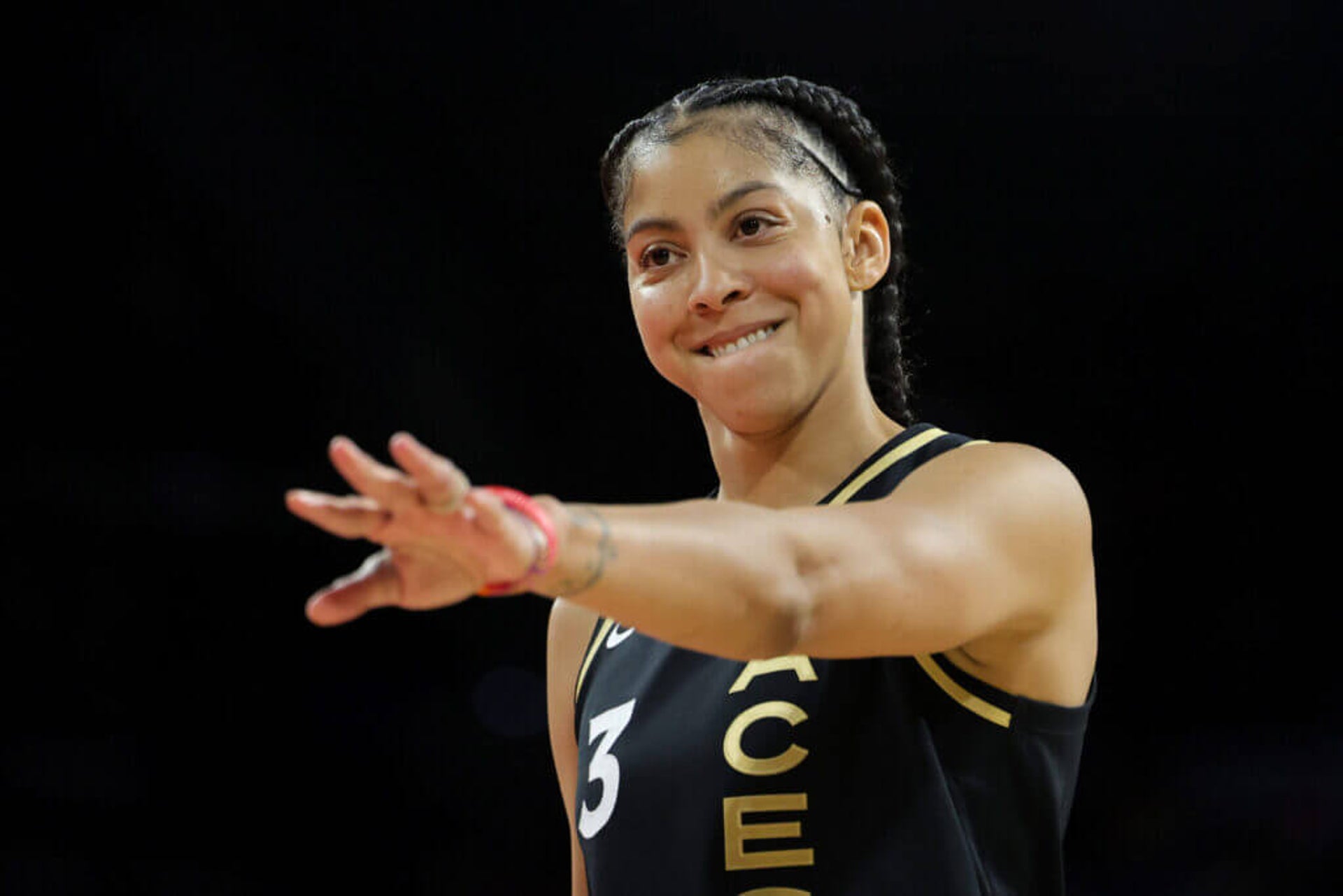 Las Vegas Aces star Candace Parker gestures with her hand during a game against the Indiana Fever.