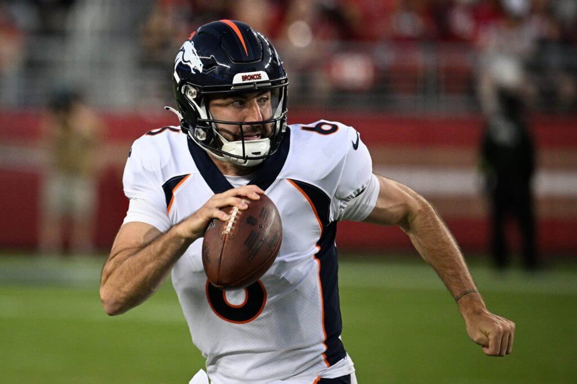 Ben DiNucci of the Denver Broncos looks to pass during the second half of a preseason game against the San Francisco 49ers at Levi's Stadium.