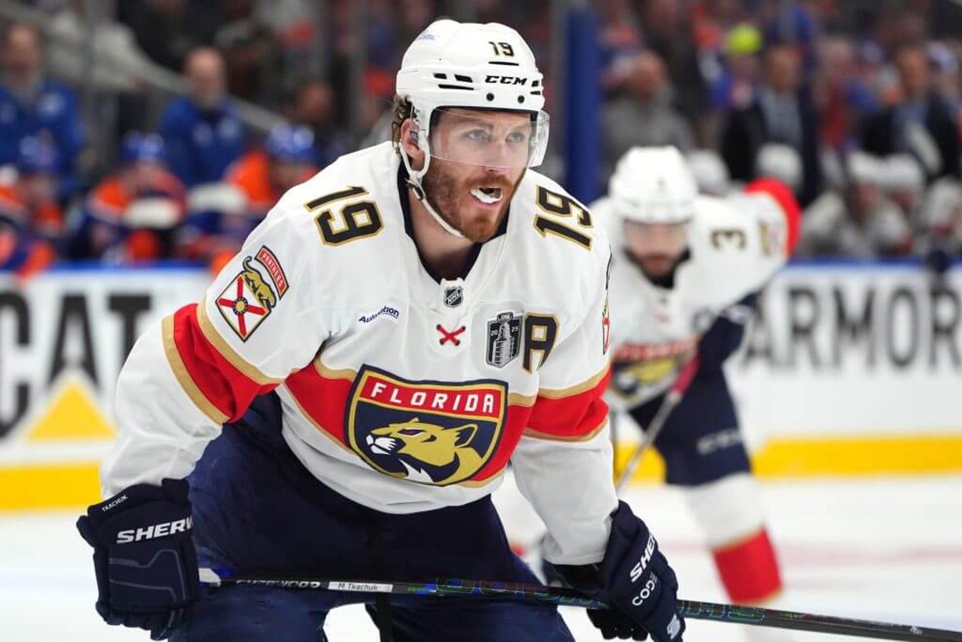 A photo of Matthew Tkachuk taken during Game 2 of the 2025 Stanley Cup Final.