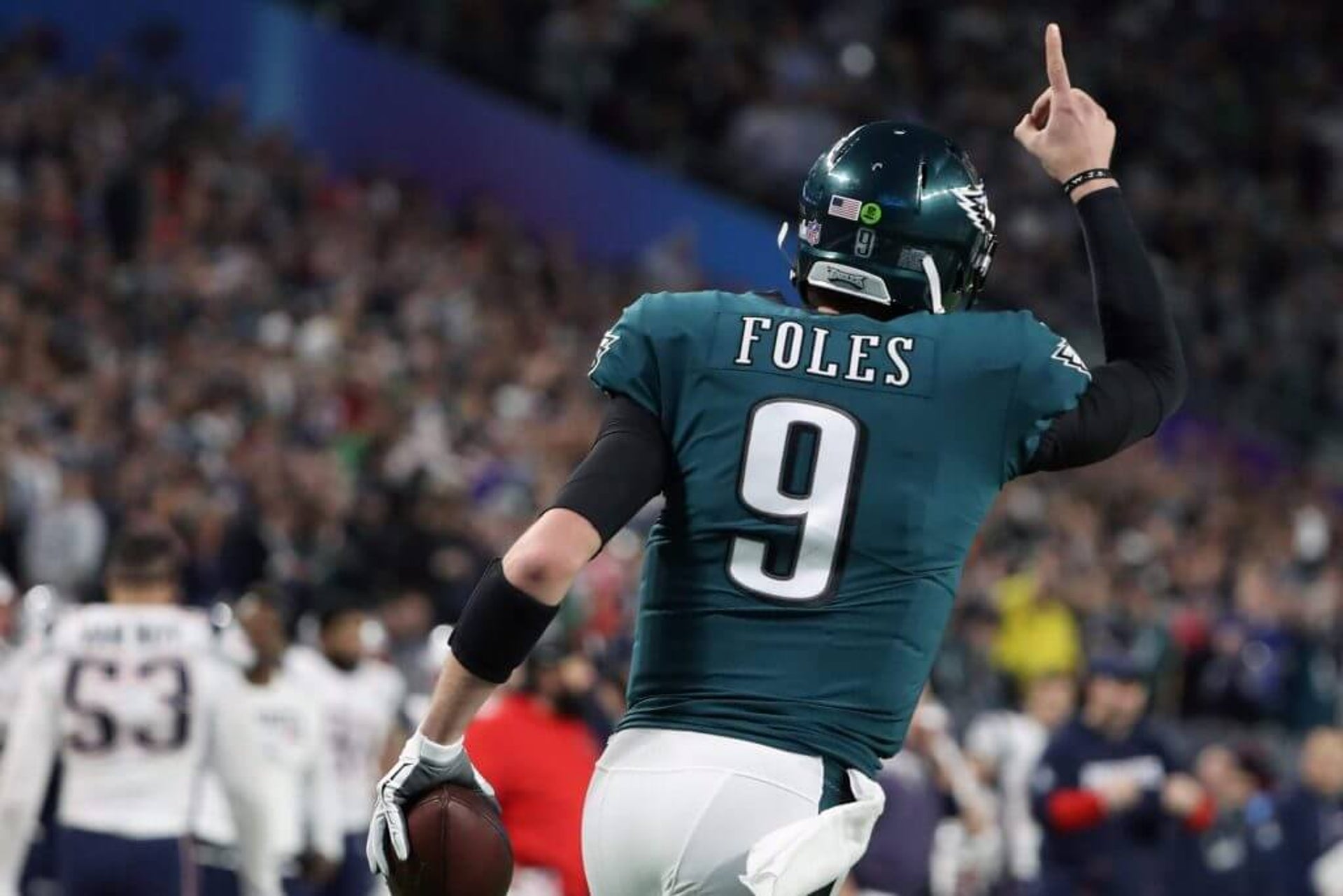 Nick Foles celebrates a touchdown during the Eagles' Super Bowl win over the Patriots in February 2018.