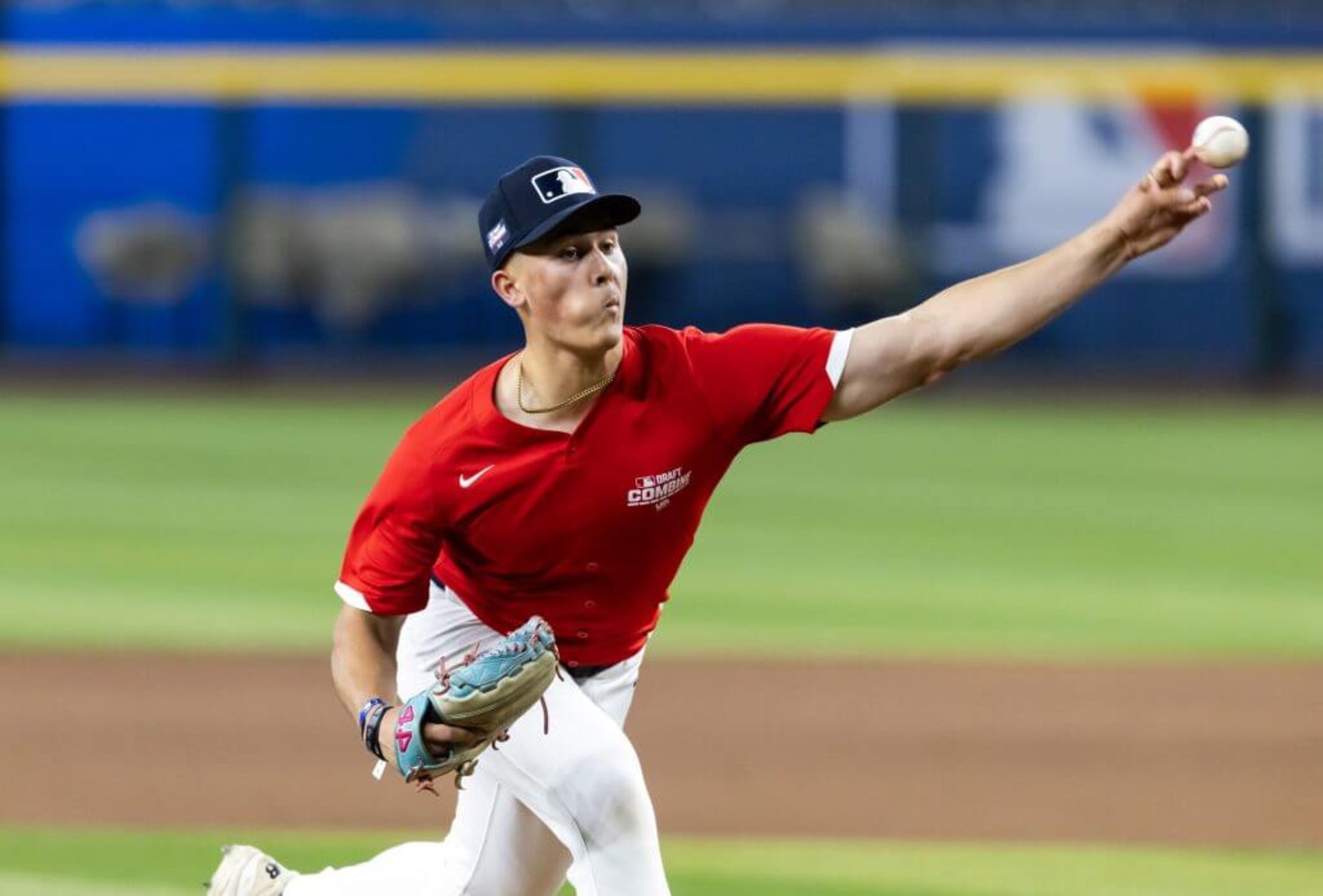Milwaukee Brewers pitching prospect Frank Cairone throws with his left hand at the 2025 MLB Draft Combine.