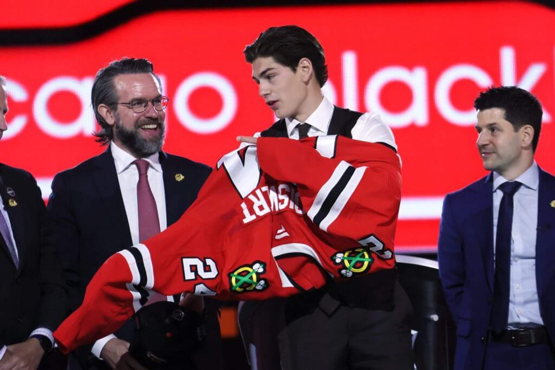 Sacha Boisvert is selected by the Chicago Blackhawks with the 18th overall pick during the first round of the 2024 Upper Deck NHL Draft at Sphere on June 28, 2024 in Las Vegas, Nevada.