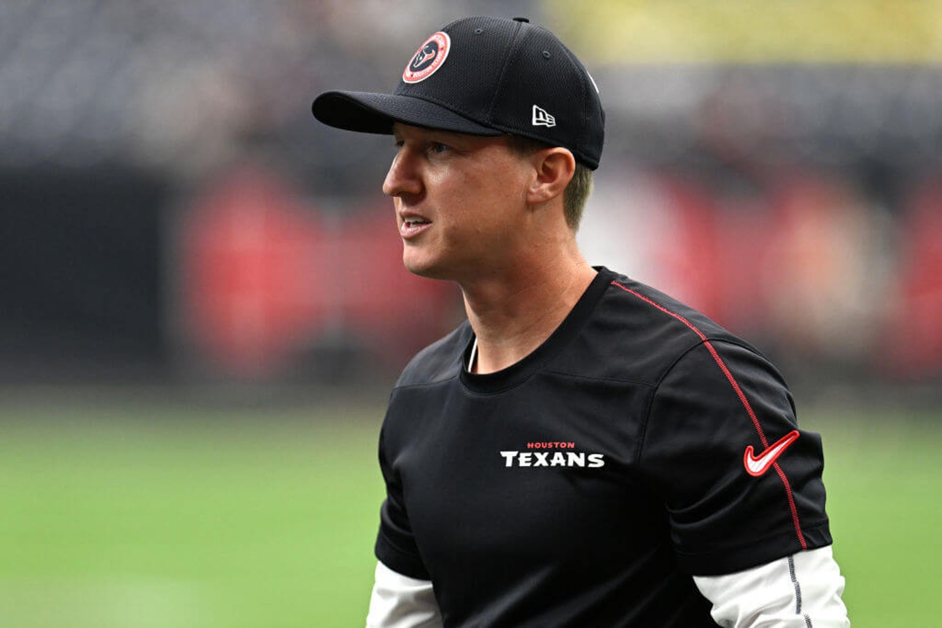 Houston Texans offensive coordinator Bobby Slowik walks the field before the game against the Indianapolis Colts at NRG Stadium on Oct. 27, 2024 in Houston.