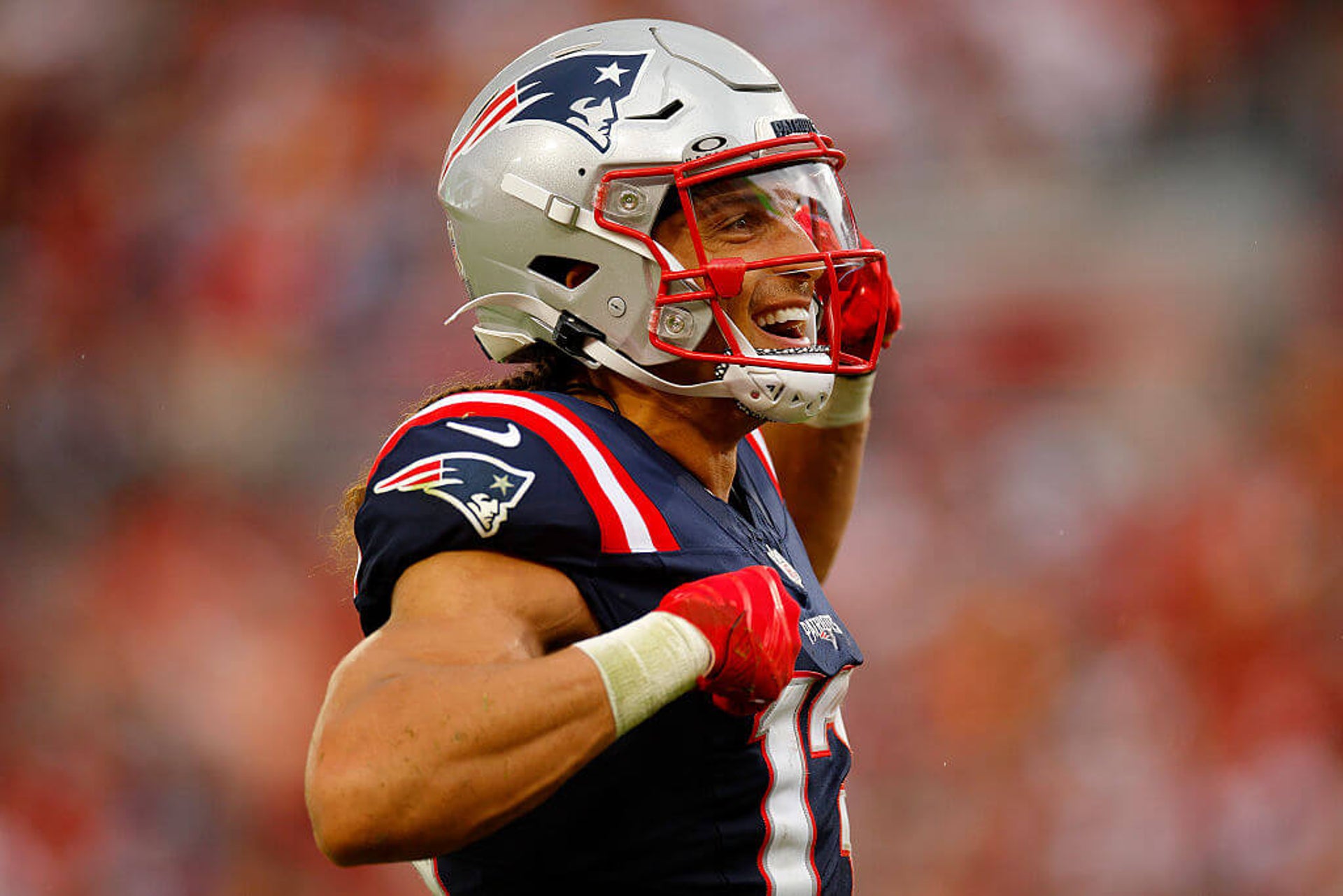 Mack Hollins of the New England Patriots celebrates a catch against the Tampa Bay Buccaneers at Raymond James Stadium in Tampa, Florida.