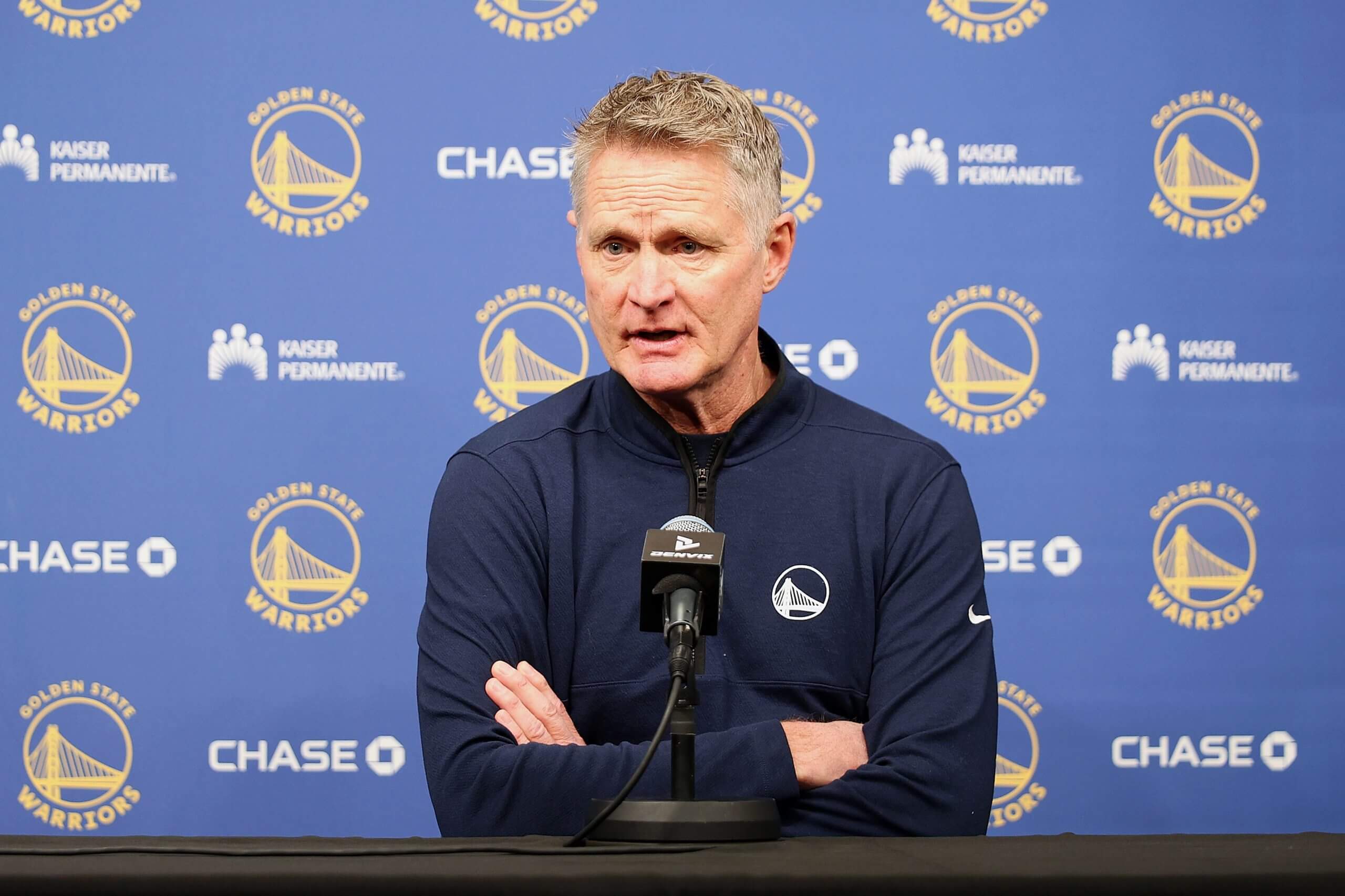 Golden State Warriors coach Steve Kerr addresses the media on Sunday.