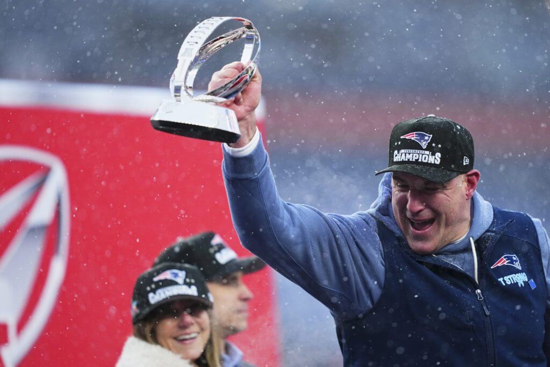 New England Patriots head coach Mike Vrabel celebrates after defeating the Denver Broncos during the AFC Championship Game.